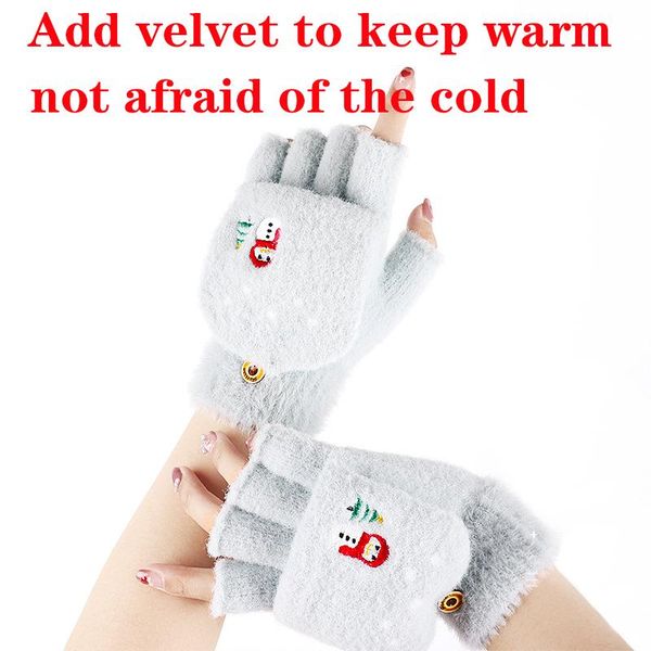 five fingers gloves women flip fingerless exposed finger thick winter knitted warm wool without fingersflexible mittens snowman christmasgif, Blue;gray